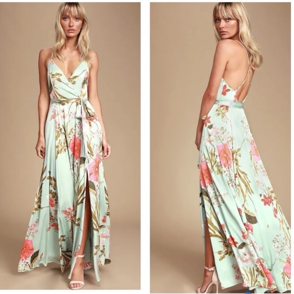 LULU'S Sage Green Floral V Neck Cross Maxi Satin Maxi Wrap Dress Size Medium